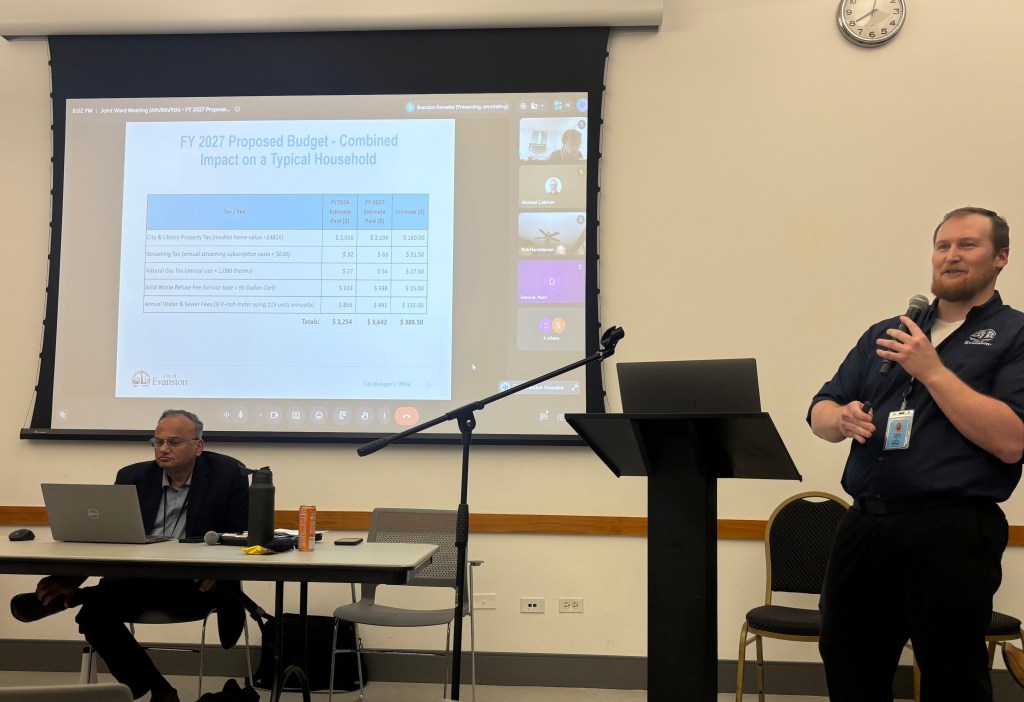 Evanston residents gather at a community meeting to discuss proposed budget increases.